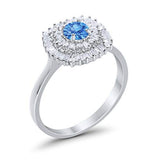 Halo Engagement Ring Round Baguette Simulated Cubic Zirconia 925 Sterling Silver