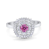 Halo Engagement Ring Round Baguette Simulated Cubic Zirconia 925 Sterling Silver