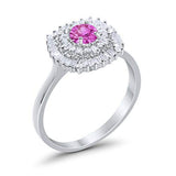 Halo Engagement Ring Round Baguette Simulated Cubic Zirconia 925 Sterling Silver