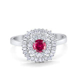 Halo Engagement Ring Round Baguette Simulated Cubic Zirconia 925 Sterling Silver