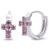 11mm Cross Hoop Huggie Earrings Round Pink Cubic Zirconia 925 Sterling Silver