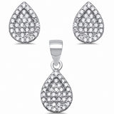 Teardrop Pear Shape Jewelry Set Round Pave Simulated CZ 925 Sterling Silver Pendant Earring