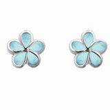 Flower Plumeria Stud Earrings Lab Created Larimar 925 Sterling Silver