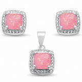 Halo Cushion Jewelry Set Created Pink Opal Round Cubic Zirconia 925 Sterling Silver