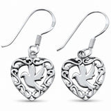 Fishhook Dangling Heart Dove Bird Earrings Solid 925 Sterling Silver Choose Color