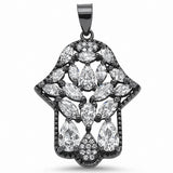 Hamesh Hand Of God Pendant Simulated Multicolored & Round CZ Black Tone 925 Sterling Silver