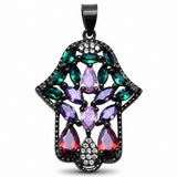 Black Tone Multicolored Cubic Zirconia Hamsa Hand Pendant 925 Sterling Silver