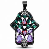 Hamesh Hand Of God Pendant Simulated Multicolored & Round CZ Black Tone 925 Sterling Silver