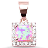 Halo Pendant Princess Cut Square Created Opal Round CZ 925 Sterling Silver Choose Color - Blue Apple Jewelry