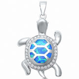 Turtle Pendant Created Opal Round Cubic Zirconia 925 Sterling Silver