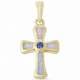 Cross Pendant Lab Created Fire Opal Round Simulated Tanzanite 925 Sterling Silver (30mm)