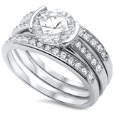 Wedding Engagement Bridal Trio Set Half Bezel Ring Band Round Cubic Zirconia 925 Sterling Silver - Blue Apple Jewelry