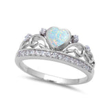 Half Eternity Heart Crown Ring White Opal Round Cubic Zirconia Solid 925 Sterling Silver