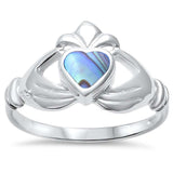 Irish Claddagh Promise Heart Ring Simulated Rainbow Abalone 925 Sterling Silver (11mm)
