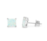 Solitaire Stud Post Earring Princess Cut Lab Created White Opal 925 Sterling Silver