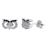Owl Stud Earring Solid 925 Sterling Silver Pave Round Black & White Cubic Zirconia Cute Owl Earrings Tiny, Good Luck - Blue Apple Jewelry