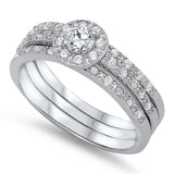 Three Piece Wedding Trio Set Engagement Anniversary Bridal Halo Ring Matching Band Set 1.00 Carat Round CZ Sterling Silver