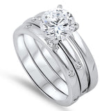 925 Sterling Silver Solitaire Round CZ Wedding Trio Set Engagement Bridal Three Piece Ring Band Set
