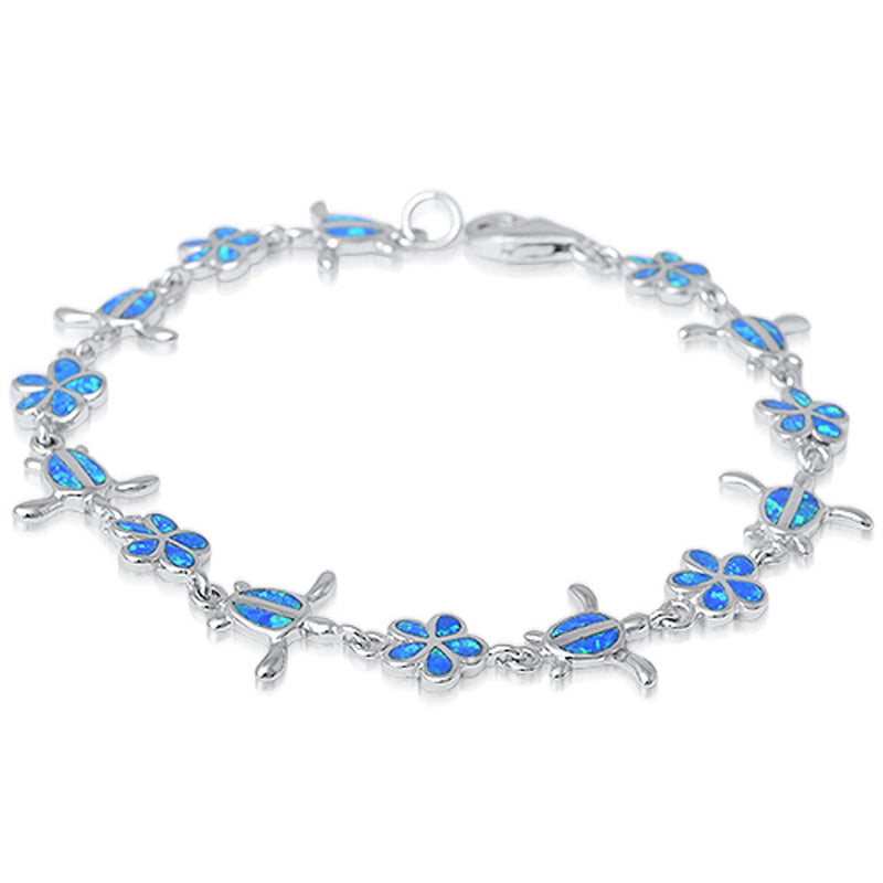 Turtle Plumeria Bracelet Blue Opal Solid 925 Sterling Silver 7.5" Nature Inspired Lab Blue Opal Bracelet Turtle Plumeria Flower Bracelet - Blue Apple Jewelry