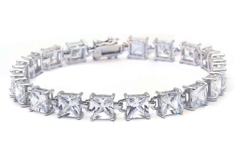 Classic Tennis Bracelet 24 Carat Square Princess Cut Clear Diamond CZ Solid 925 Sterling Silver Solitaire Wedding Engagement Tennis Bracelet - Blue Apple Jewelry