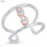 Trendy Two Row Pear Cut Russian Diamond Clear Crystal CZ Solid 925 Sterling Silver Ring Fashion Trending Gift Teardrop Rose Gold Two Tone - Blue Apple Jewelry