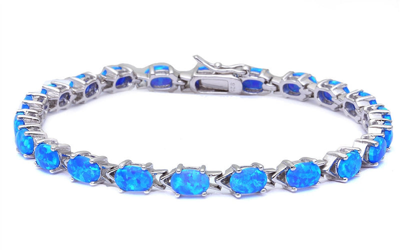 Oval Bracelet Oval Shape Blue Opal Bracelet Solid 925 Sterling Silver 7.5" Lab Oval Blue Opal Oval Cut Bracelet Love Valentines Gift - Blue Apple Jewelry