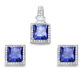 Halo Pendant Halo Stud Earrings Matching Set Princess Cut Square Simulated Tanzanite Round Clear CZ Sterling Silver