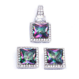 Halo Pendant Halo Stud Earrings Matching Set Square Mystic Rainbow Topaz CZ .925 Sterling Silver