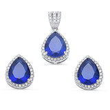 Halo Pendant Halo Stud Earrings Matching Set Teardrop Pear Shape Simulated Tanzanite Round Clear CZ 925 Sterling Silver